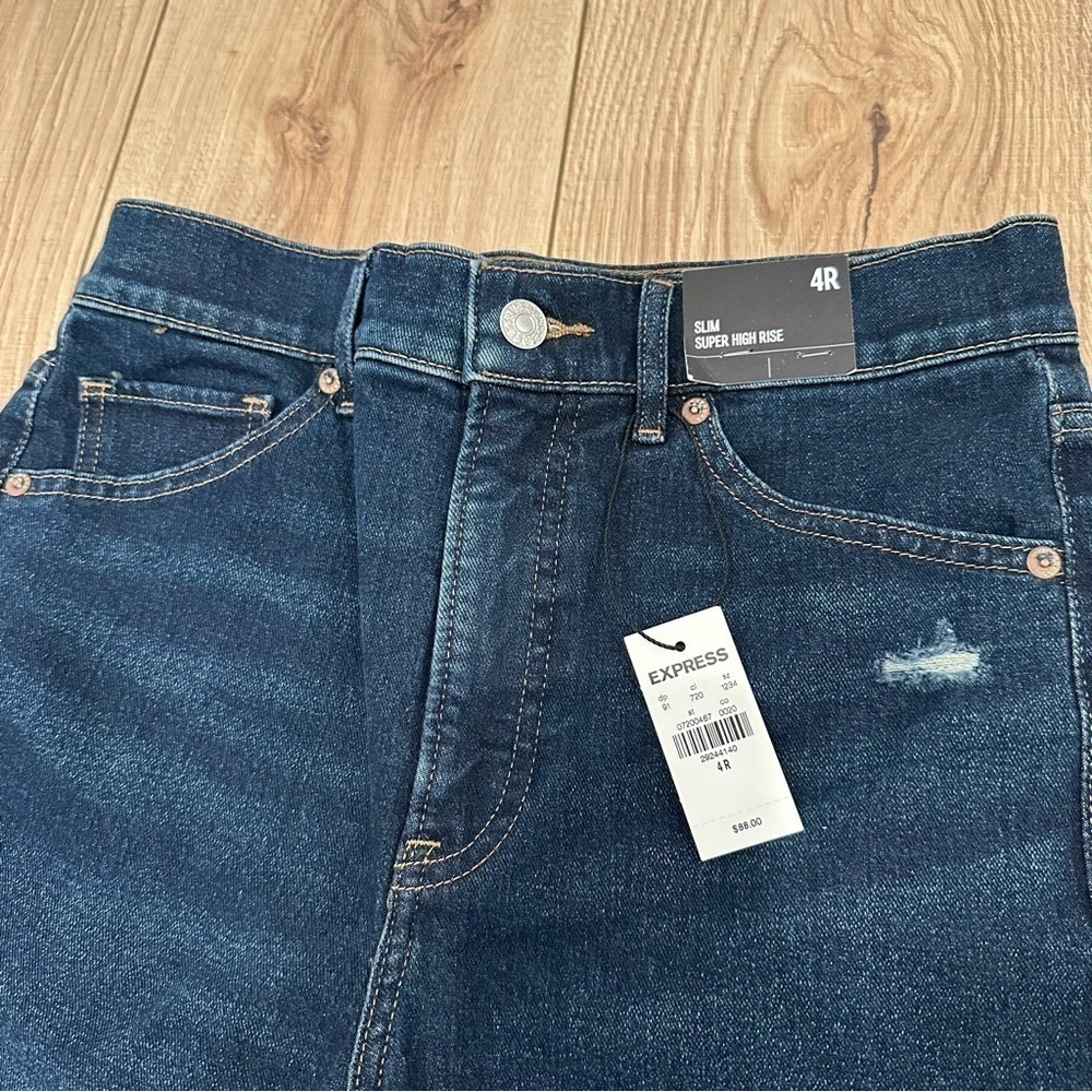 NWT Express Slim Super High Rise 4R Distressed Dark Denim - Picture 6 of 13